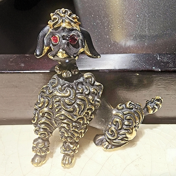 1950s Vintage Black, Gold & Rhinestone Poodle Brooch Pin-Up Rockabilly Pin - Picture 4 of 4